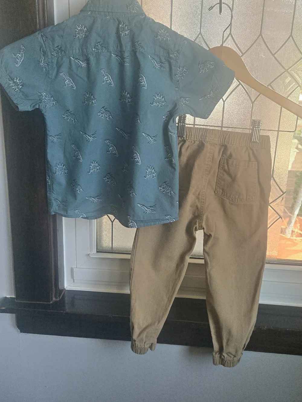 Free Planet Kids Teal Dino Shirt and Brown Jogger Set